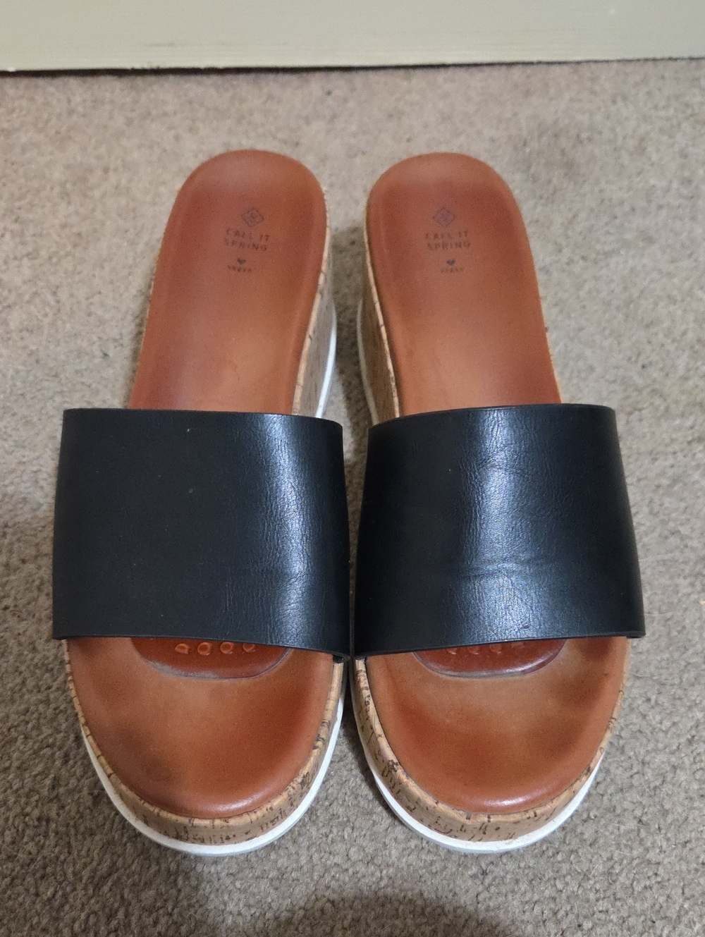 Call It Spring Black Slide Cork Wedge Sandals